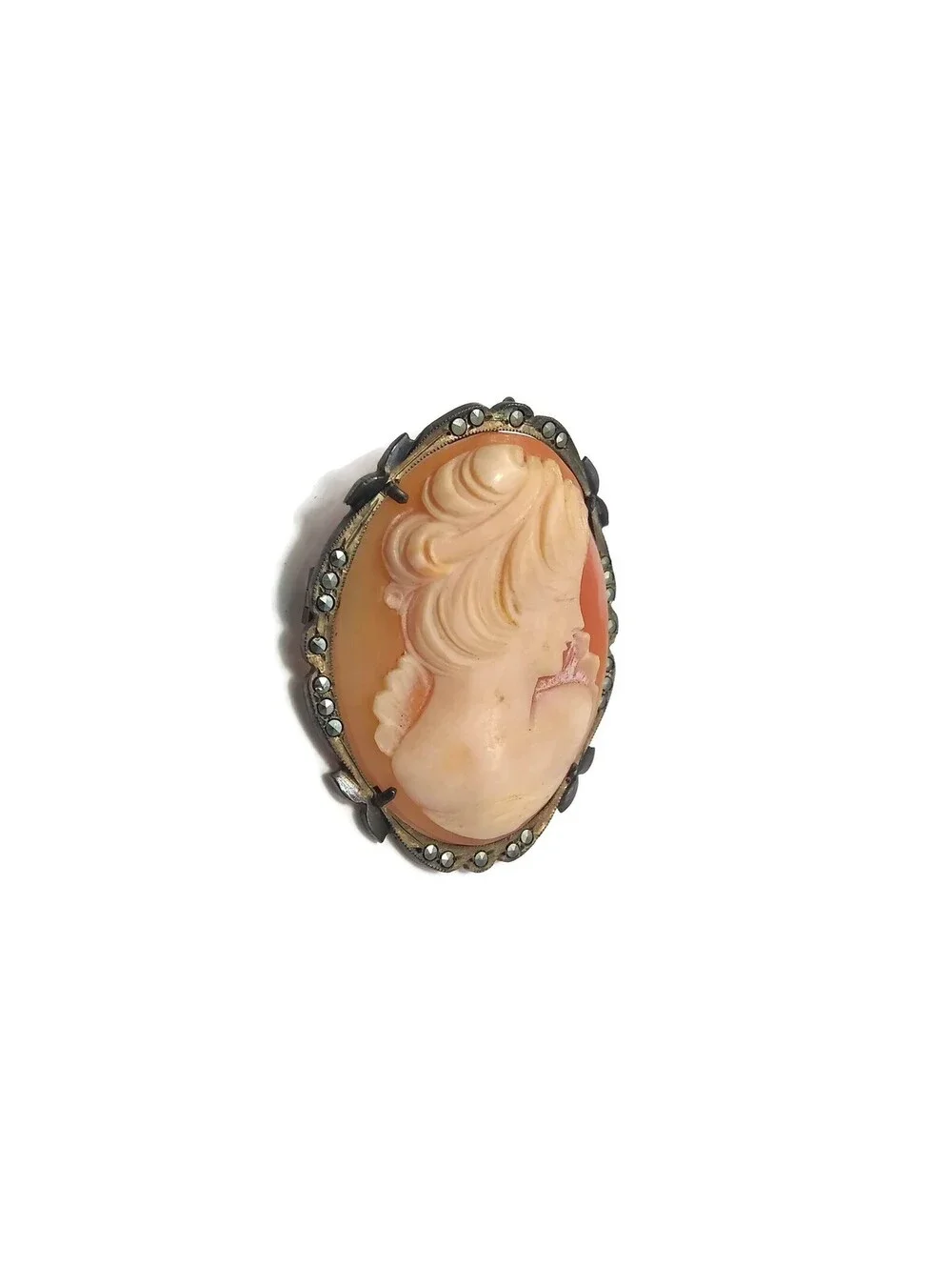 Antique Carved Shell Cameo Brooch Pendant, 800 Silver, Carved Shell. Marcasite.